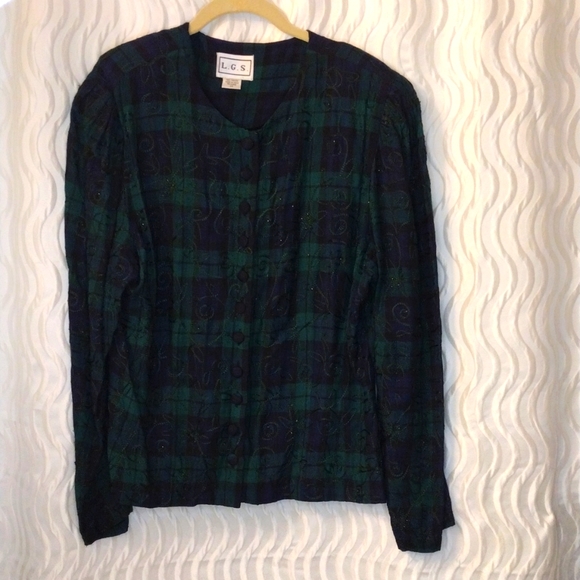 Rare VTG L.G.S. Embellished Embroidered Sz 14 Plaid long sleeve buttonup Blouse - Picture 1 of 11